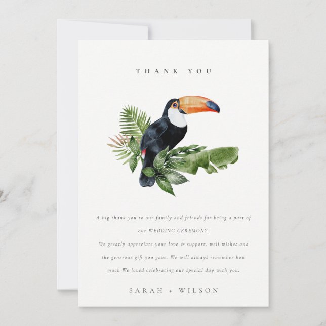 Eleganter tropischer Regenwald Toucan Fauna Hochze Dankeskarte (Vorderseite)