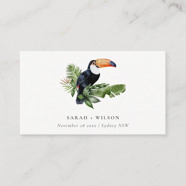 Eleganter tropischer Regenwald Toucan Fauna Hochze Platzkarte (Vorderseite)