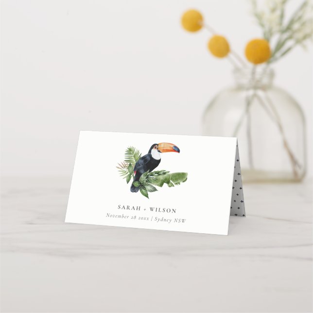Eleganter tropischer Regenwald Toucan Fauna Hochze Platzkarte (Vorderseite)