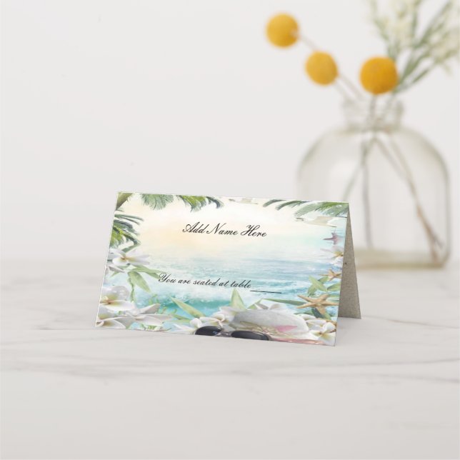 Eleganter tropischer Strand Hochzeitstisch Platzkarte (Vorderseite)