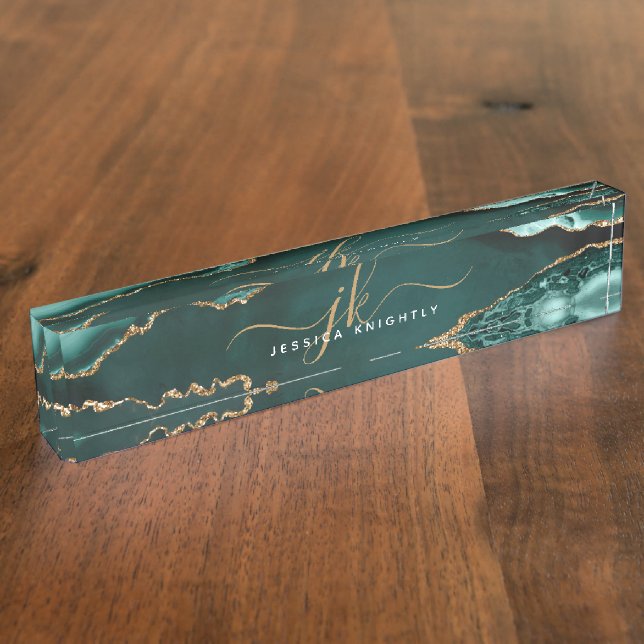 Eleganter Türkis Agate Gold Script Monogram Name Namensplakette (Seite)