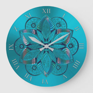 Eleganter Türkis-metallische Mandala-Uhr Große Wanduhr