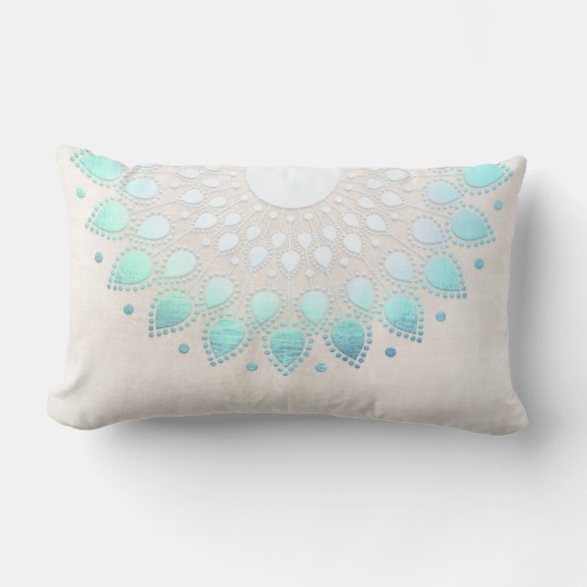 Eleganter türkisfarbener Floral Lotus Weißer Marmo Lendenkissen (Vorderseite)
