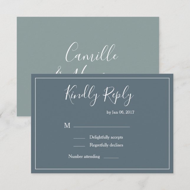 Eleganter Typ Blau Grün moderne Hochzeit rsvp Einladung (Vorne/Hinten)