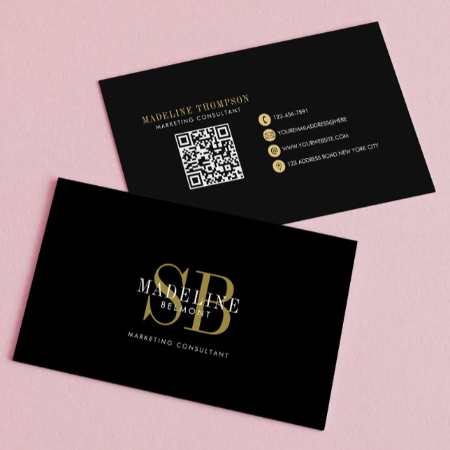 Eleganter Typografie Monogram Black Gold QR Code Visitenkarte (Von Creator hochgeladen)