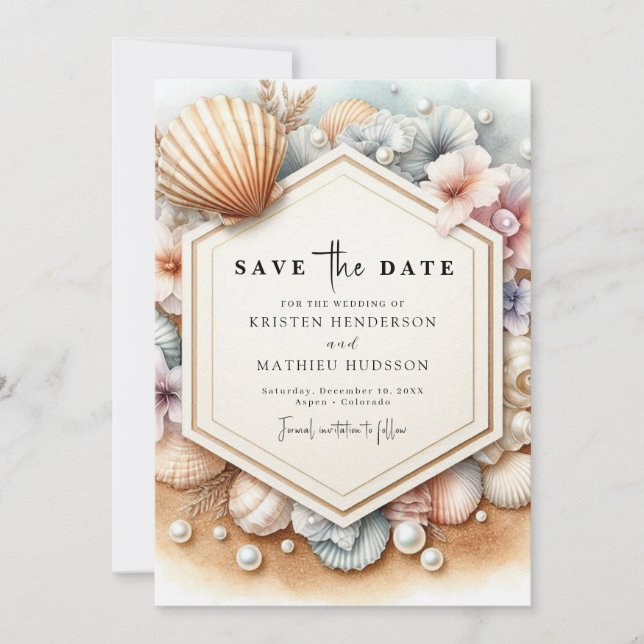 Eleganter Typografy Beach Hochzeit Save The Date (Vorderseite)