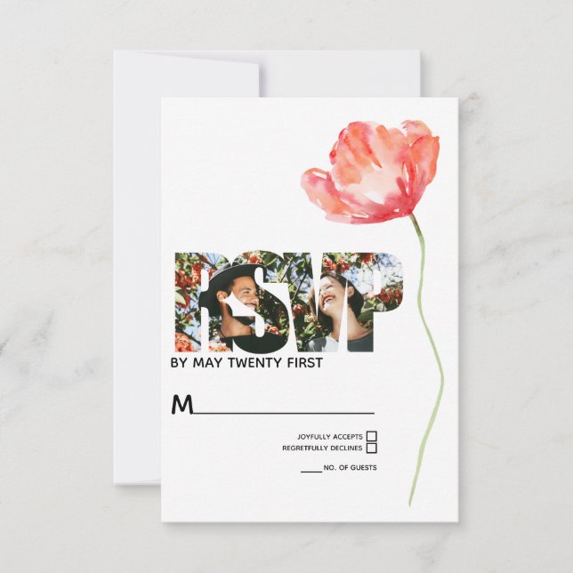 Eleganter und moderner Mohnroter Hochzeitstag RSVP Karte (Vorderseite)