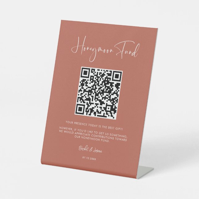 Eleganter und moderner Terracotta Honeymoon Fund Q Sockelschild (Vorderseite)
