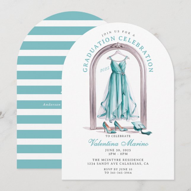 Eleganter und Whimsical Aquamarin Dress Abschluss Einladung (Vorne/Hinten)