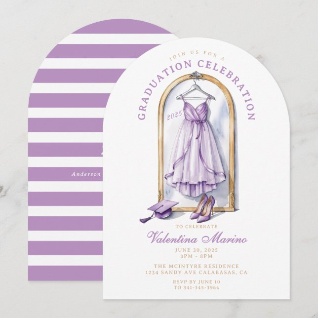 Eleganter und Whimsical Lila Dress Abschluss Einladung (Vorne/Hinten)