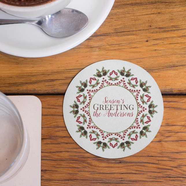 Eleganter Urlaub Weihnachten Mandala Custom Botani Runder Pappuntersetzer (Season's Greetings holiday red and green leaves paper coaster)