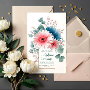 Eleganter verstaubter blauer rosa Gerbera-Goldrahm Einladung