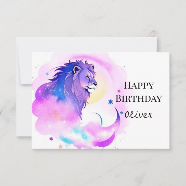 Eleganter verzauberter Whimsical Löwe zum Geburtst Karte (Vorderseite)