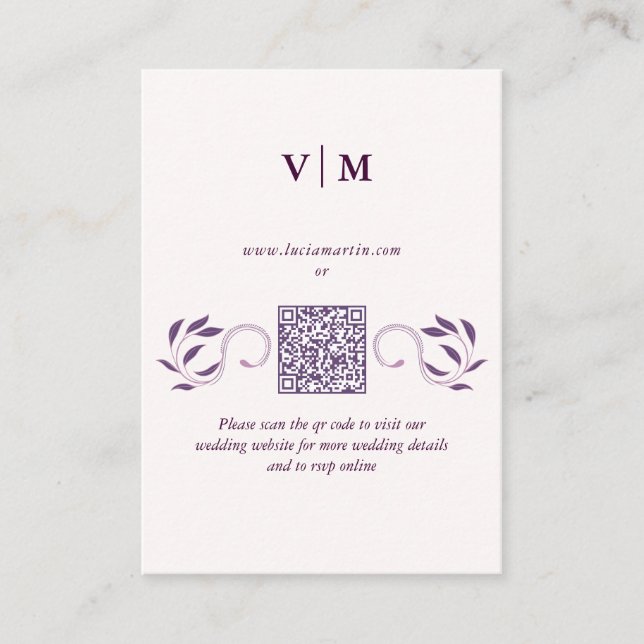 Eleganter Verzierter, geflorierter QR-Code Hochzei Begleitkarte (Vorderseite)