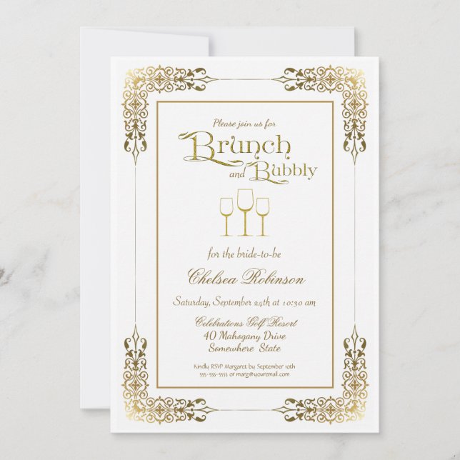 Eleganter Verzierter Goldbrunch und Bubbly Einladung (Vorderseite)