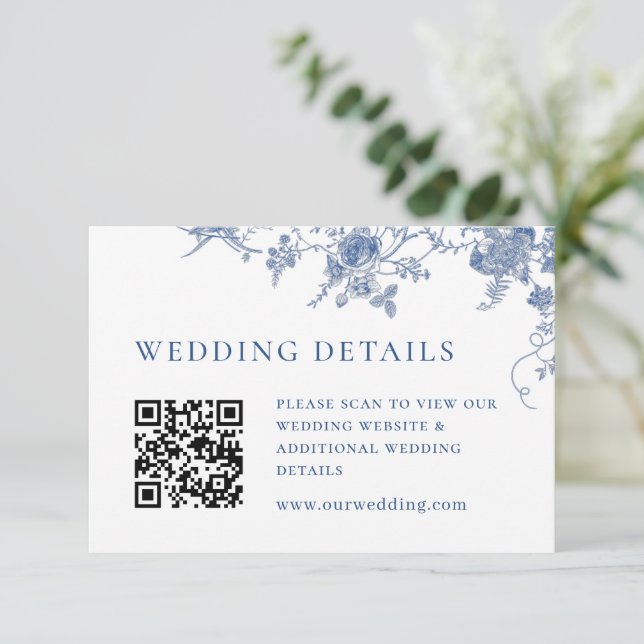 Eleganter Viktorianischer Blue Floral QR-Code Deta Begleitkarte (Stehend Vorderseite)