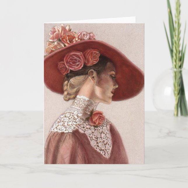 Eleganter viktorianischer Vintager Rosen-Hut Karte (Vorderseite)