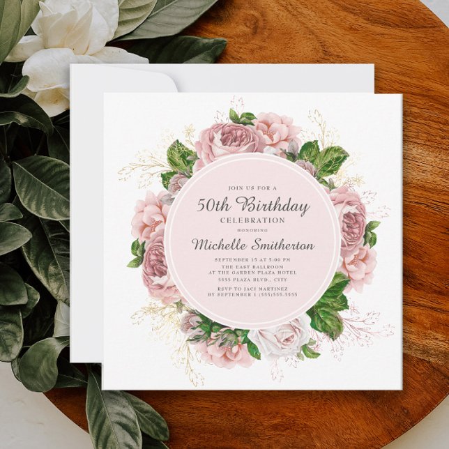Eleganter Vintag Blush Pink Bläschen 50. Geburtsta Einladung (Pink vintage floral 50th birthday party invitation)