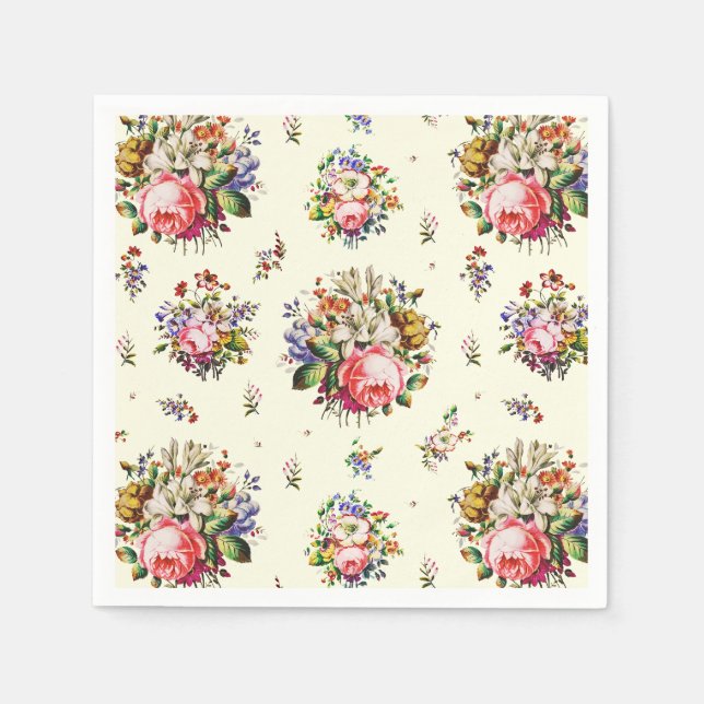 Eleganter Vintag rosa Rosen Blumenmuster Creme Serviette (Vorderseite)