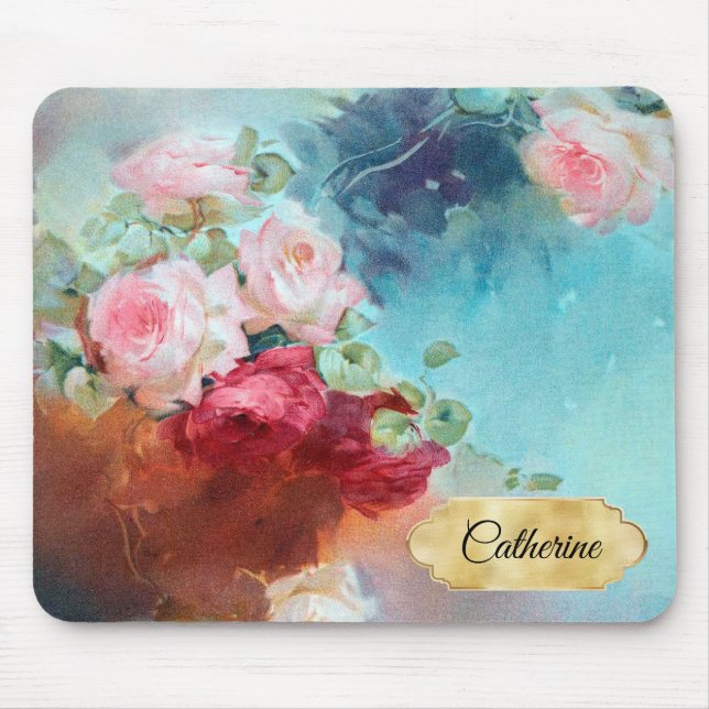 Eleganter Vintag rosa Rosenmalername Mousepad (Vorne)
