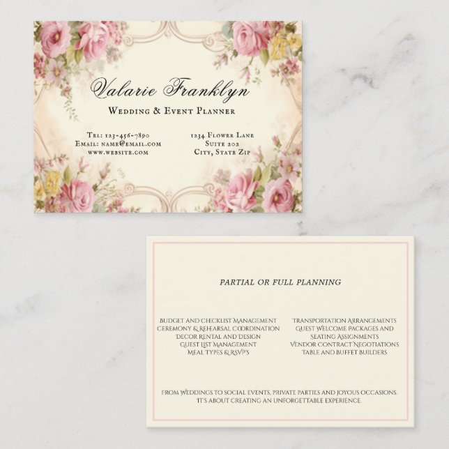 Eleganter Vintag rosa Roses Hochzeitsplaner Visitenkarte (Vorne/Hinten)