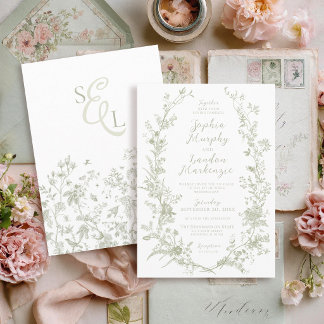 Eleganter Vintage-Blumenkranz Sagegrüne Hochzeit Einladung