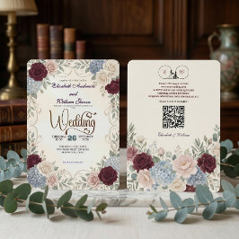 Eleganter Vintage Burgunder Floral Moderner QR Cod Einladung
