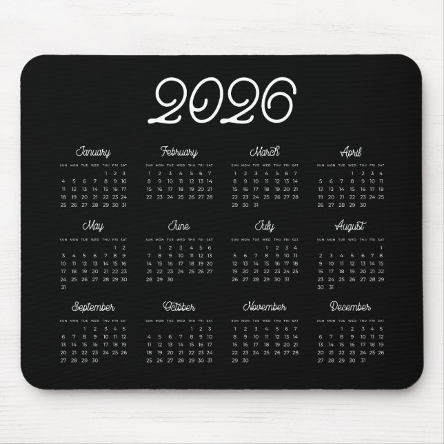 Eleganter Vintage-Script 2026 Schwarzer Kalender Mousepad (Vorne)