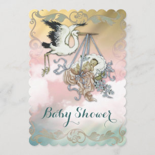 Eleganter Vintage-Storch-Baby-Shower Einladung