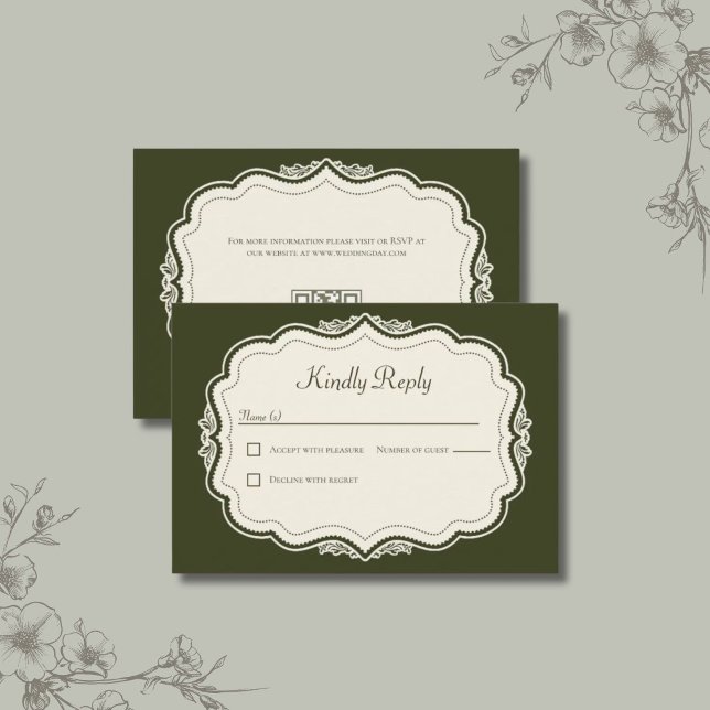 Eleganter Vintage-Waldgrüner QR-Code RSVP Karte (Vintage RSVP with QR Code in forest green.)