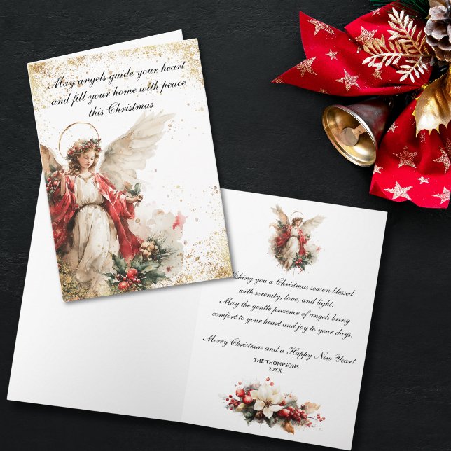 Eleganter vintage Weihnachtsengel Feiertagskarte (Watercolor Christmas card featuring a serene angel illustration with golden accents, )
