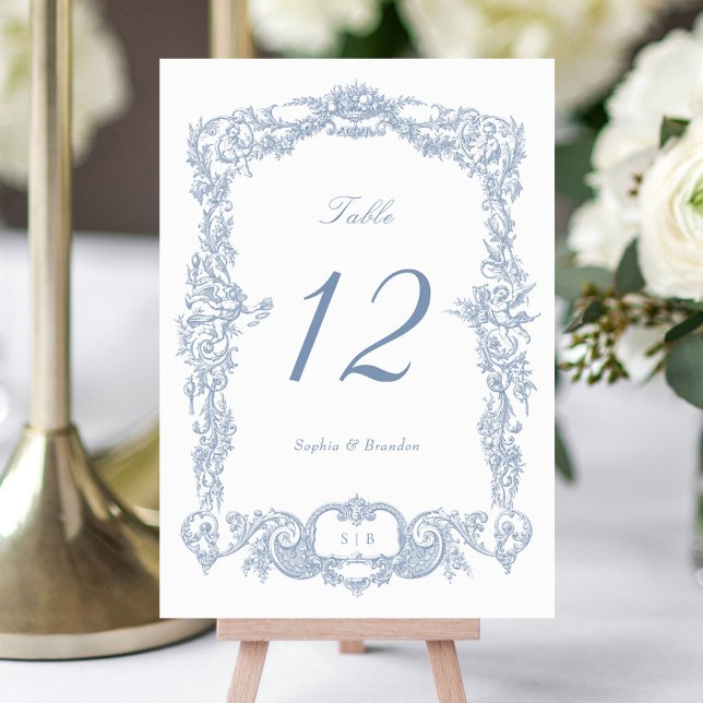 Eleganter Vintager Barock-Blumenrahmen Dusty Blue Tischnummer (Von Creator hochgeladen)