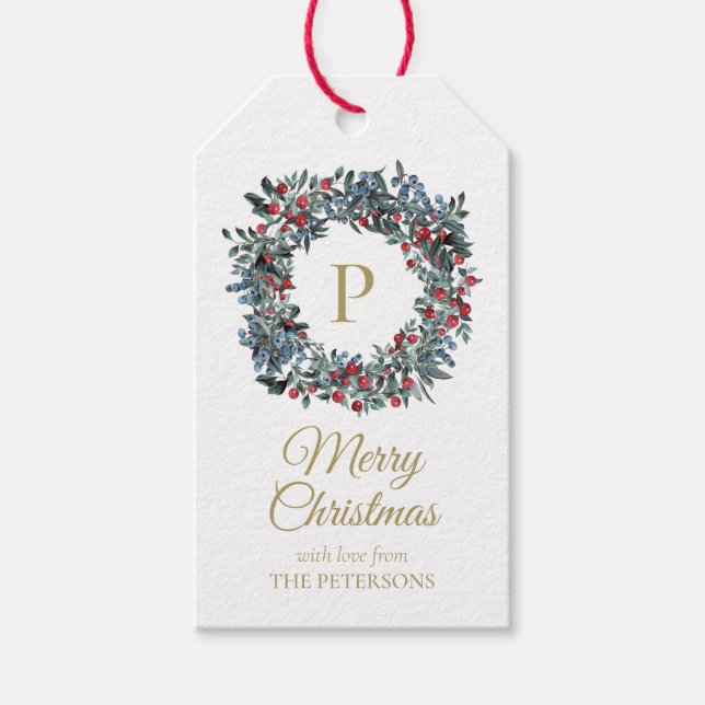 Eleganter Vintager Berries Kranz mit Gold Monogram Geschenkanhänger (Vorderseite)