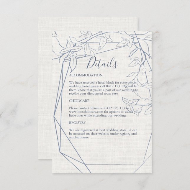 Eleganter Vintager blauer Rahmen | Linen Wedding Begleitkarte (Vorne/Hinten)