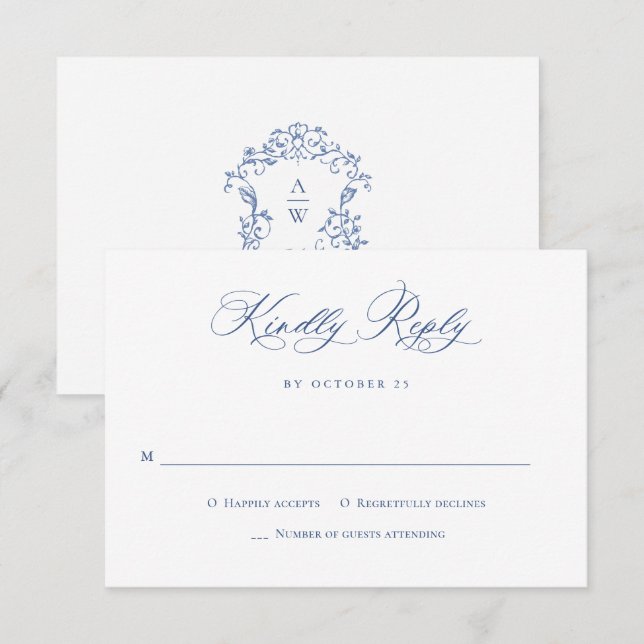 Eleganter Vintager Blue French Garden RSVP Karte (Vorne/Hinten)