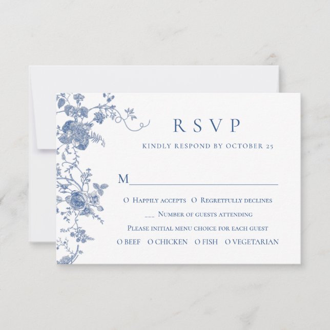 Eleganter Vintager Blue French Garden RSVP Karte (Vorderseite)