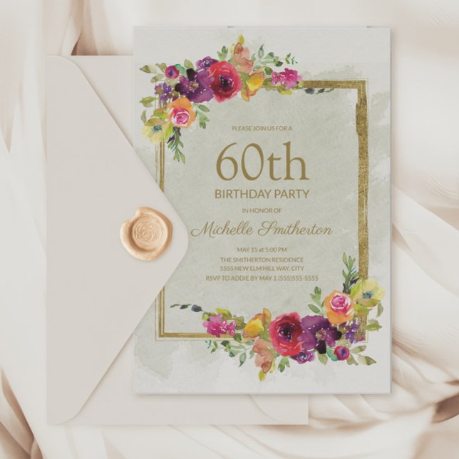 Eleganter Vintager Blumenfrauen 60. Geburtstag Einladung (Elegant purple and pink vintage flowers 60th birthday party invitation
)