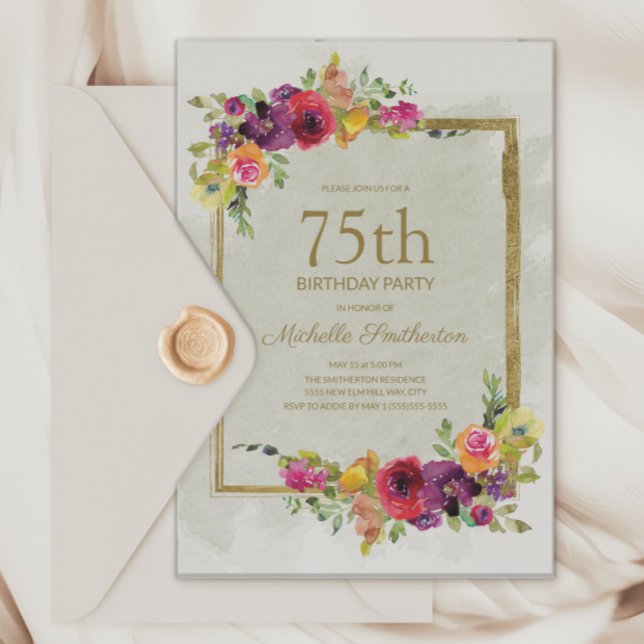 Eleganter Vintager Blumenfrauen 75. Geburtstag Einladung (Elegant purple and pink vintage floral and gold frame 75th birthday party invitation)