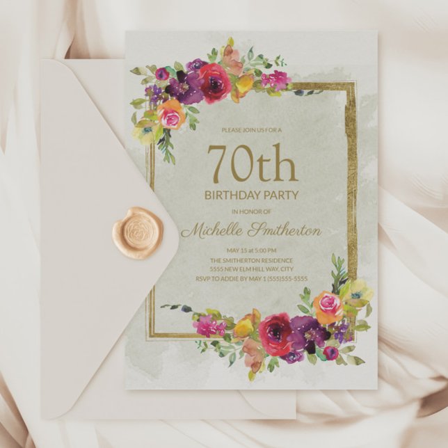 Eleganter Vintager Blumenfrauentag 70. Geburtstag Einladung (Elegant purple and pink vintage floral 70th birthday party invitation)