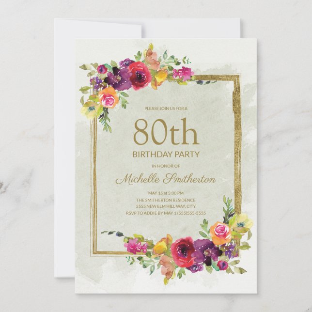 Eleganter Vintager Blumenfrauentag 80. Geburtstag Einladung (Vorderseite)