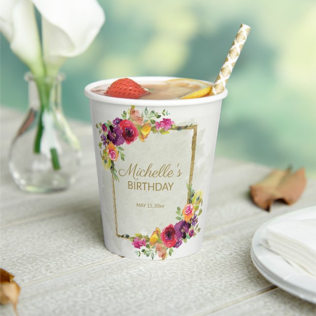 Eleganter Vintager Blumengeburtstag Pappbecher (In Situ)