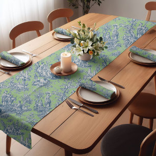 Eleganter Vintager, grüner, blauer Jouy-Toile Kurzer Tischläufer