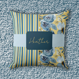 Eleganter Vintager Monogram Blue Gold Floral Strip Kissen