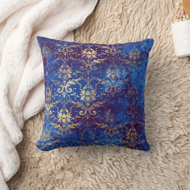 Eleganter Vintager Navy Blue Gold Damask Kissen (Decke)