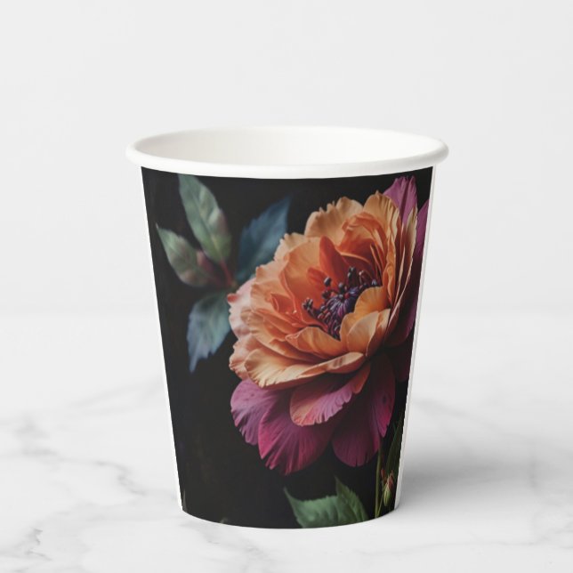 Eleganter Vintager Pachy-Rot-Blütenboho Pappbecher (Rückseite)
