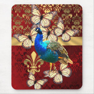 Eleganter Vintager Pfau und roter Damast Mousepad