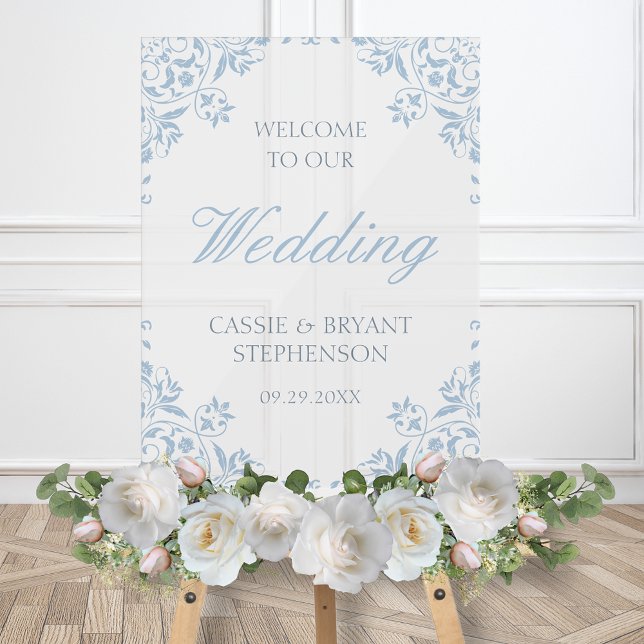 Eleganter Vintager Rahmen Hochzeitsempfang Acrylschild (elegant dusty blue wedding welcome sign with bride and groom names date for reception shower event)