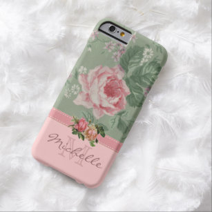Eleganter Vintager rosa BlumenRosen-Monogramm-Name Barely There iPhone 6 Hülle