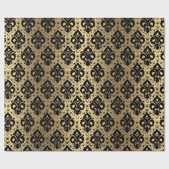 Eleganter Vintager Schwarzgoldendamast Geschenkpapier (Flach)