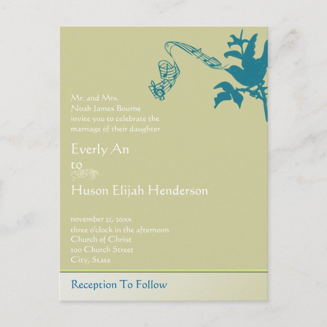 Eleganter Vintager SeaBlue Bird Hochzeitsempfang Einladungspostkarte (Vorderseite)